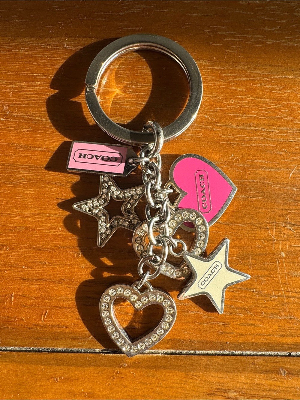 Coach Pink Enamel Heart & Star Crystal Charm Key Ring